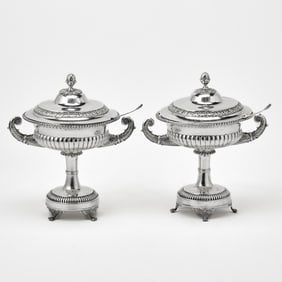 Pair of Swedish Empire Silver Covered Footed Bowls and Associated Pair of Swedish Silver Sugar Sifte