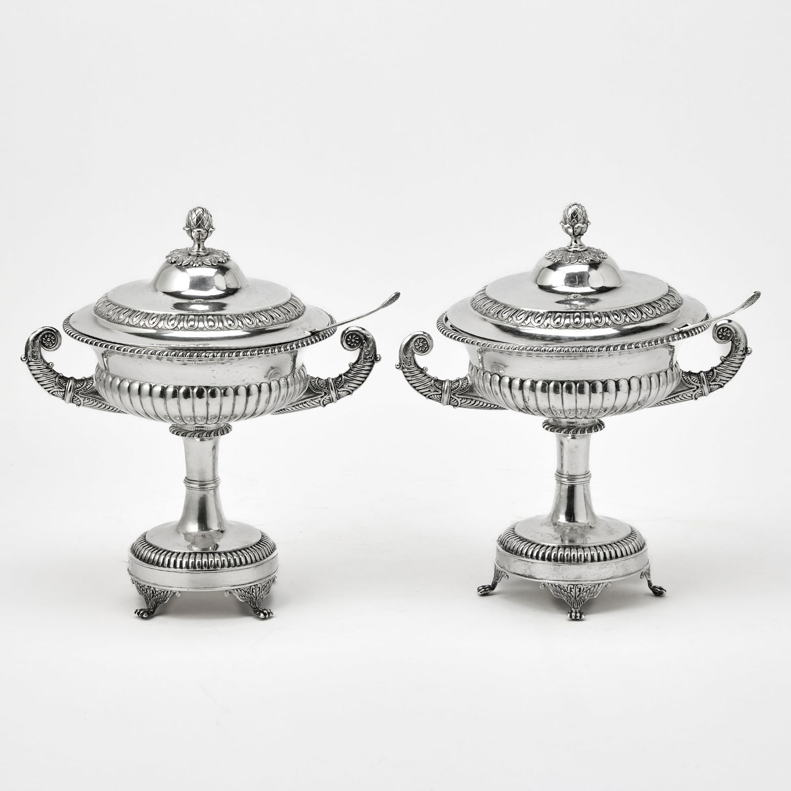 Pair of Swedish Empire Silver Covered Footed Bowls and Associated Pair of Swedish Silver Sugar Sifte (1 of 9)