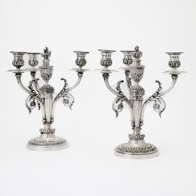 Pair of Louis XVI Style Silvered Bronze Four-Light Candelabra