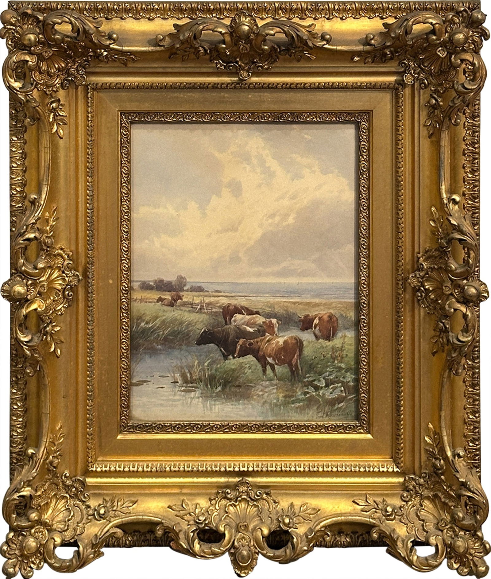 Thomas Rowden: American, 1842-1926 Cows Watering, 1895 Signed and dated Tom Rowden '95 (lr) Watercolor on paper Sight 13 x 10 inches Framed 23 1/4 x 20 inches