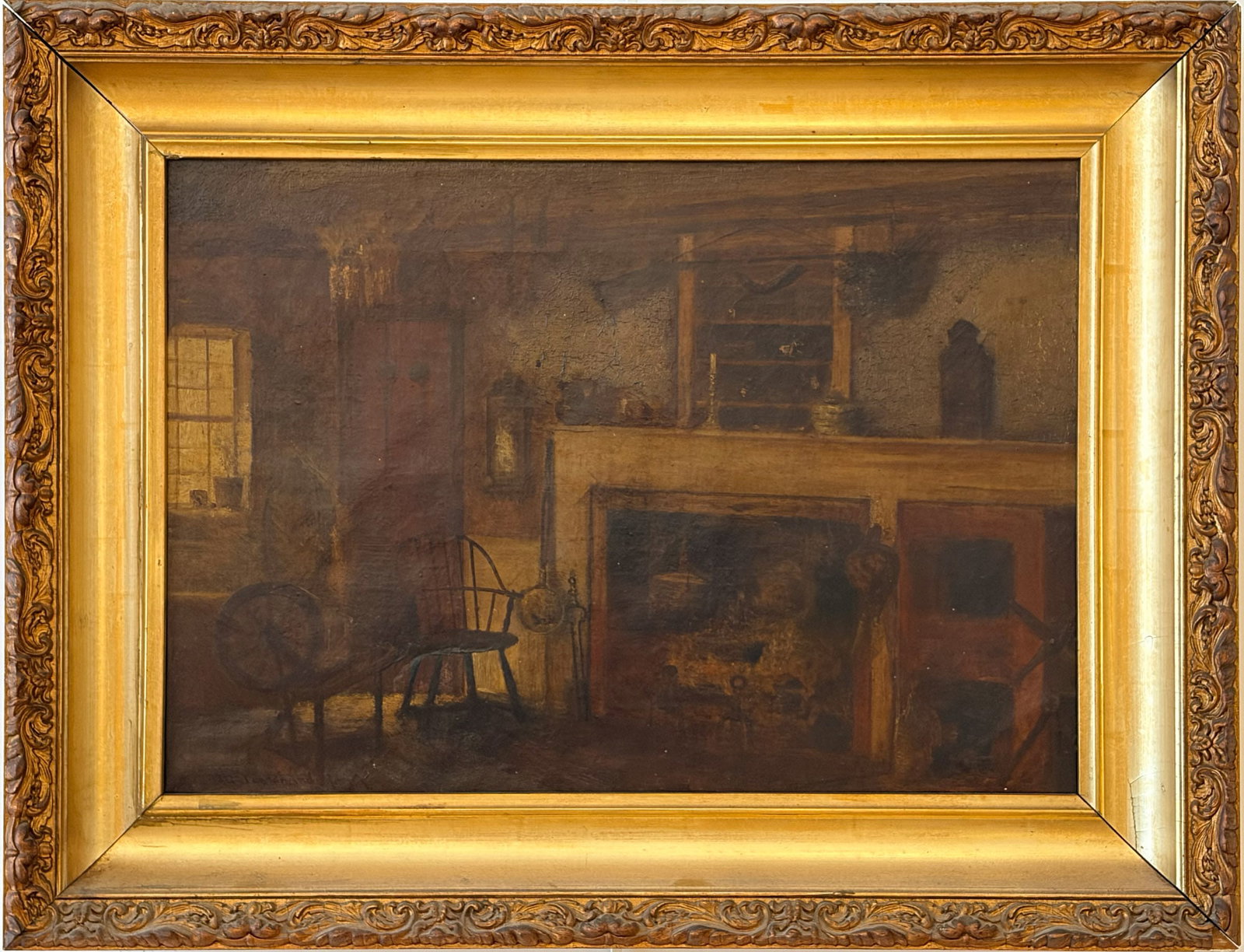 William Ferdinand Macy: American, 1852-1901 Country Interior Signed W. Ferdinand Macy (ll) Oil on canvas 14 x 20 inches Framed 19 3/4 x 25 3/4 inches