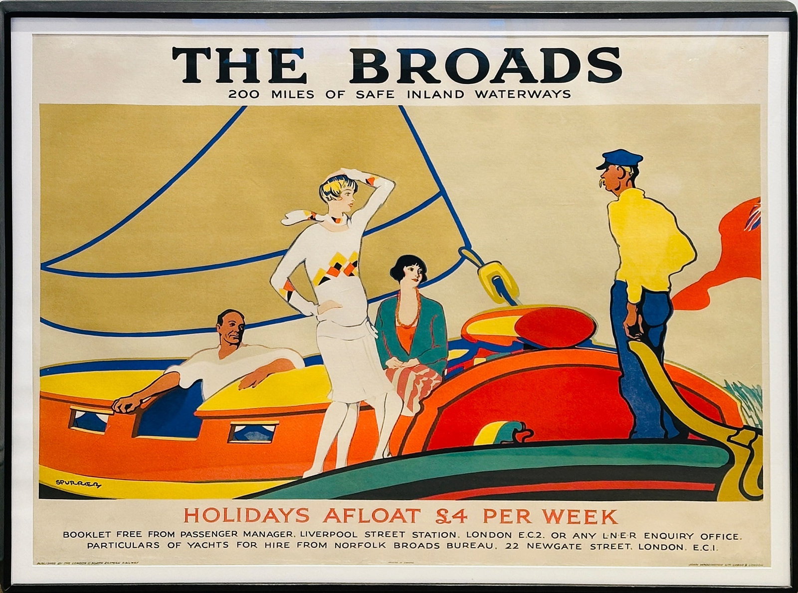 Steven Spurrier (1878-1961): THE BROADS, 200 MILES OF SAFE INLAND WATERWAYS Colored poster published by London & North Eastern Railway Sight 39 x 49 inches (99 x 124cm) 
