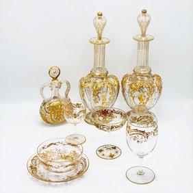 Assembled Set of Venetian Gilt Decorated Glass Table Articles