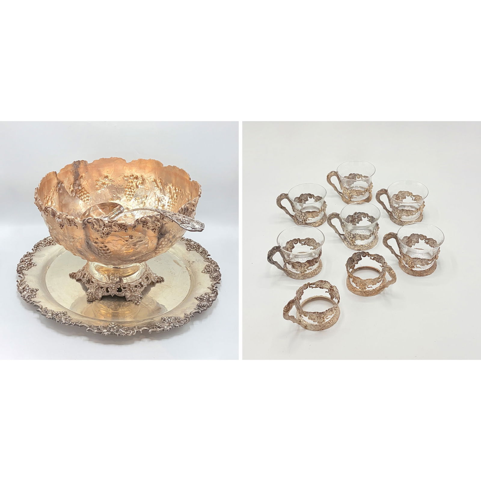 American Sterling Silver Punch Bowl, Ladle, Cups, and Stand: Bigelow Kennard & Co., early 20th centuryEach with grape and grapevine motifs, the eight cups with six glass liners. Height of punch bowl 10 1/4 inches, diameter 15 inches, total approximately