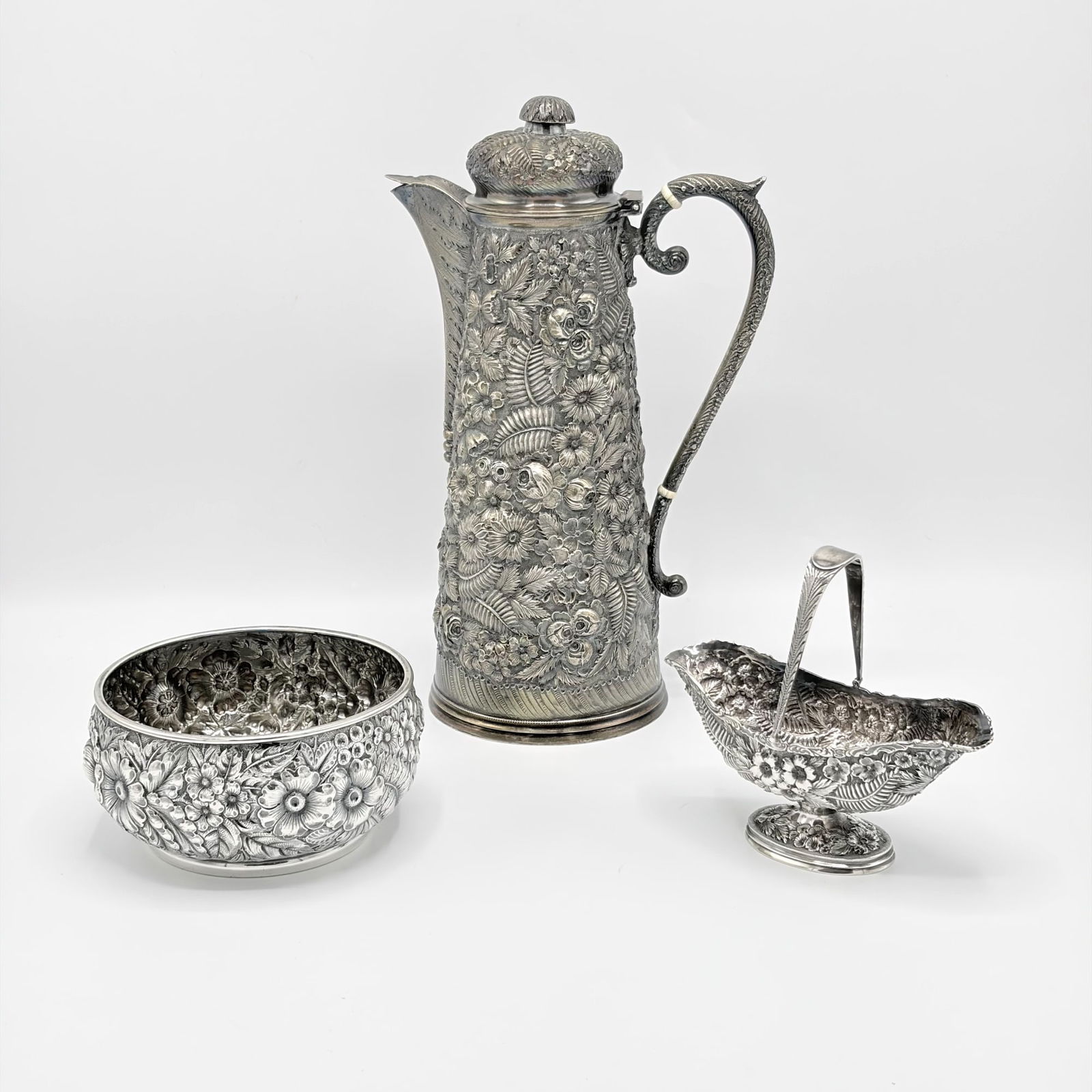 Assembled Group of American Sterling Silver Table Articles: Comprising a coffee pot and basket marked James R. Armiger Co., Baltimore, early 20th century, height of coffee pot 11 inches; and a Gorham Mfg. Co. bowl, height 2 1/2 inches, diameter 5 inches,