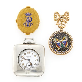 Two Gold and Gilt-Metal Pocket Watches and Stainless Steel Travel Clock