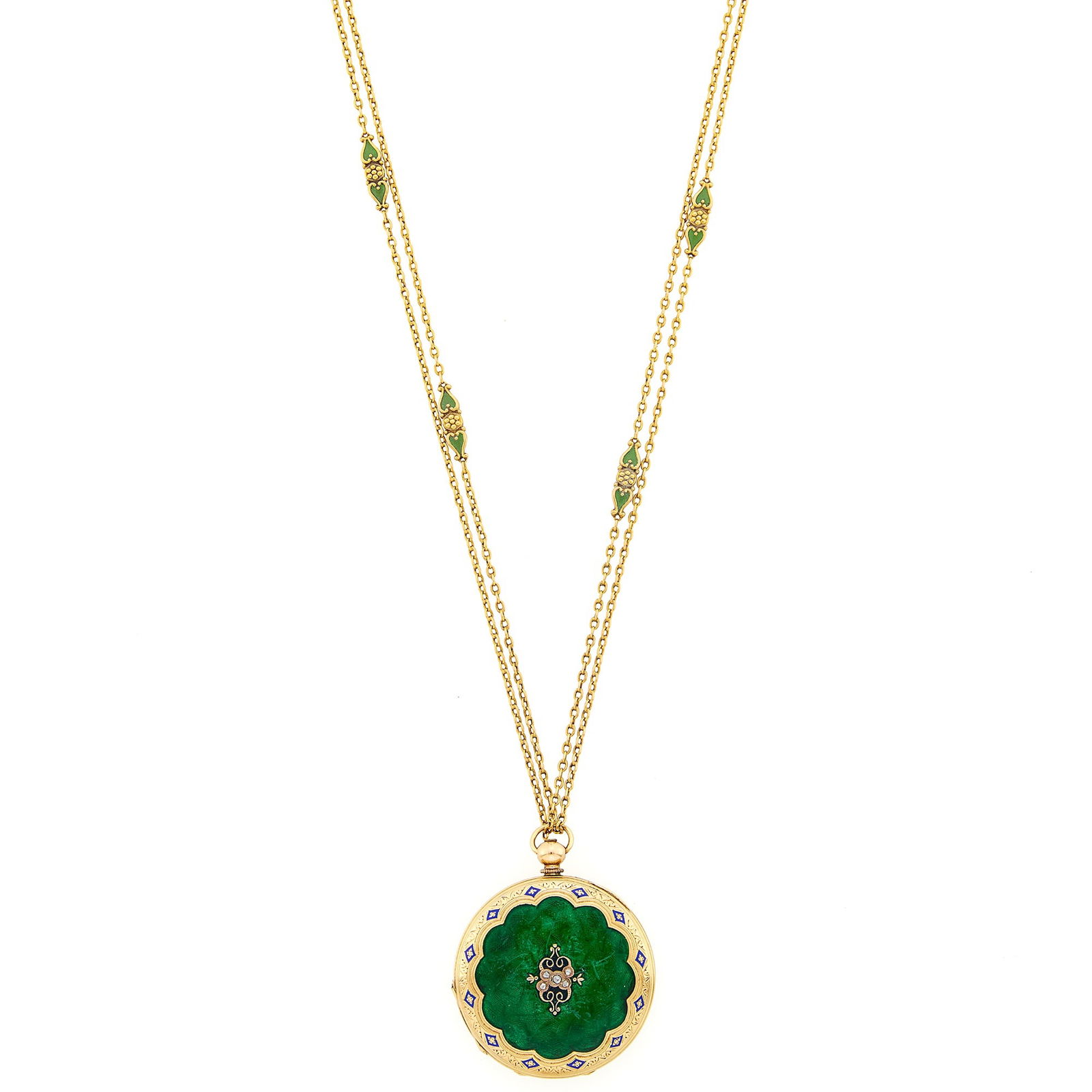 Gold, Multicolored Enamel and Diamond Hunting Case Pocket Watch with Chain Necklace: 14 kt., mechanical, circular white dial with black Roman numerals, sub. sec. dial, case dia. ap. 38 mm., 13 small rose-cut diamonds, green enamel case, case no. 12650, key wind, ap. 35 dwts. gross.
