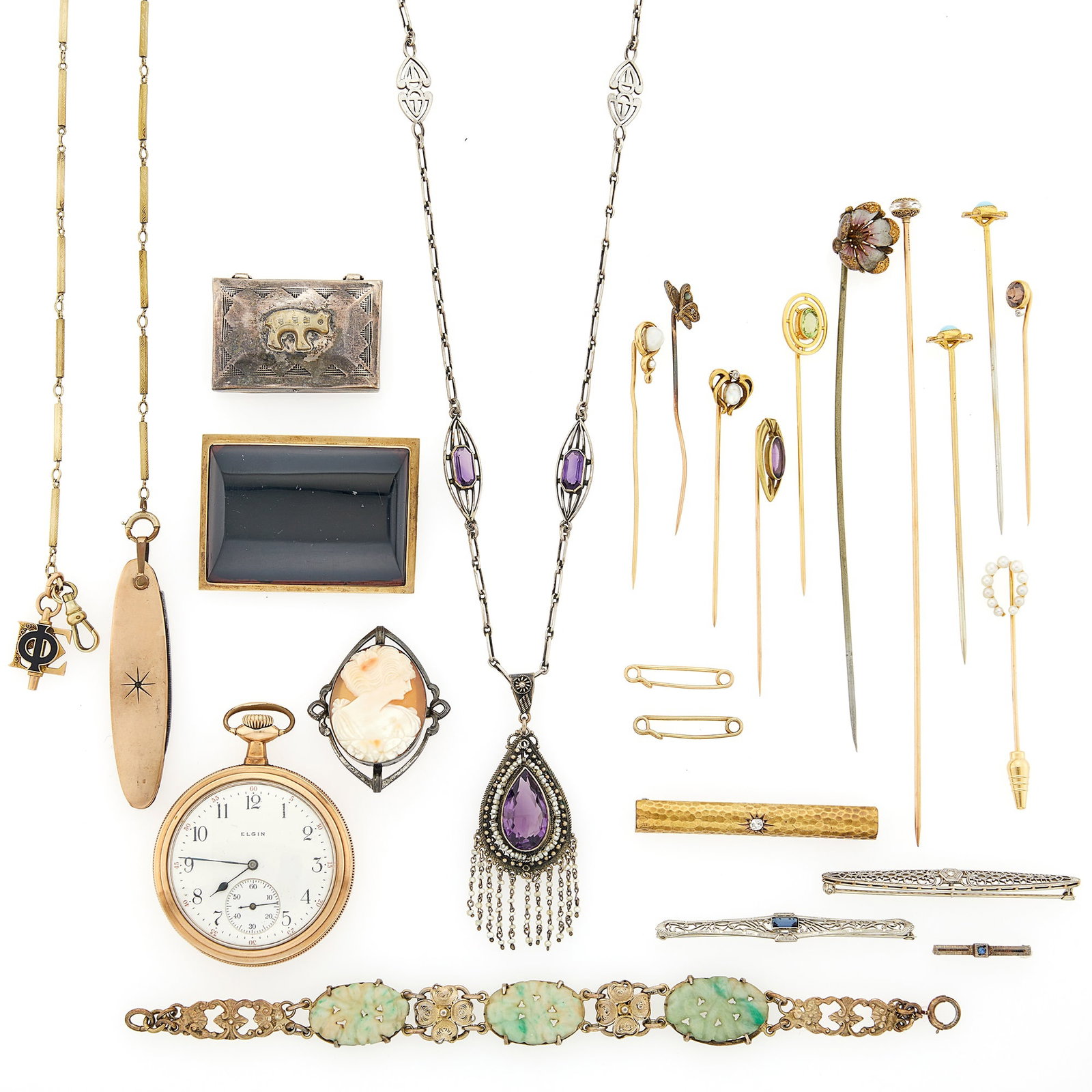 Group of Gold, White Gold, Low Karat Gold, Gold-Filled, Silver, Gilt-Metal and Gem-Set Jewelry: 10 and 14 kt. yellow and white gold, including one pocket watch, signed Elgin, one fob chain, one pocket knife, one pill box, 3 bar pins, one link bracelet, one cameo brooch, one black onyx brooch,