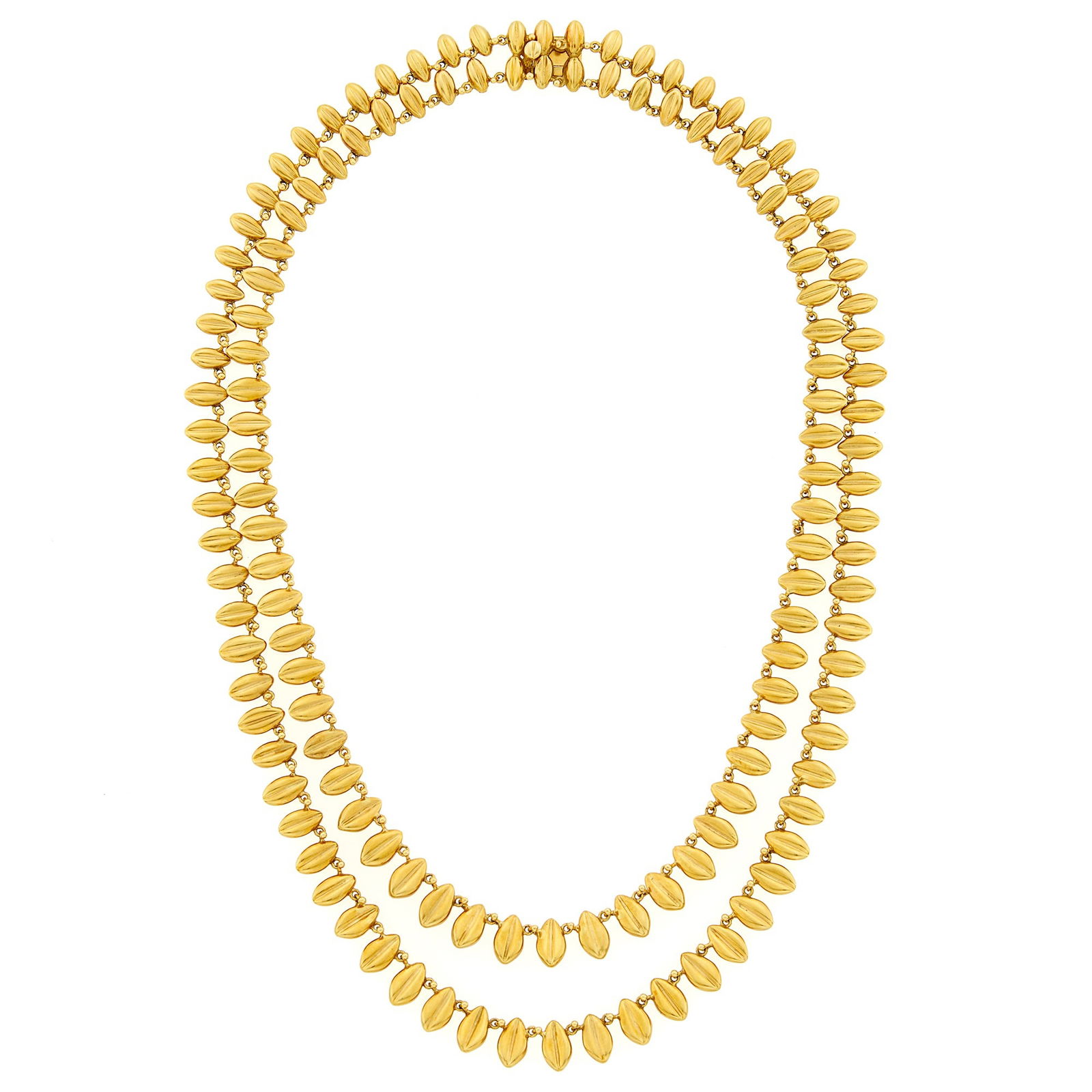 Double Strand Gold Bead Fringe Necklace: Ap. 31.2 dwts. Length 19 inches. Tests for 18 kt.