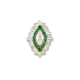 Platinum, Gold, Diamond and Emerald Ballerina Ring