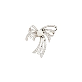 White Gold, Platinum, Cultured Pearl and Diamond Bow Brooch, France