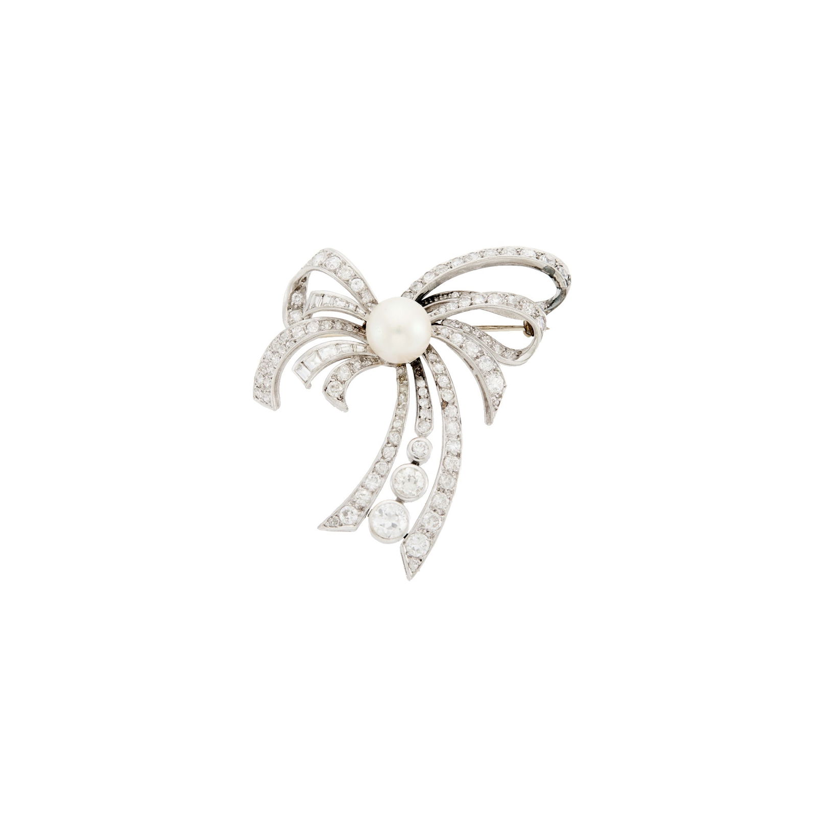 White Gold, Platinum, Cultured Pearl and Diamond Bow Brooch, France: 18 kt., one pearl ap. 8.6 mm., 102 round, old-mine and single-cut, 10 baguette and fancy-shaped diamonds, totaling ap. 3.10 cts., with French assay marks, one diamond missing, ap. 9.7 dwts. Pearl: