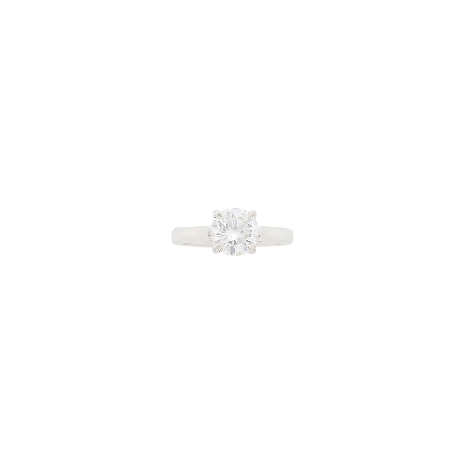 Silver and Diamond Ring: One round diamond weighing 1.90 cts. Size 6 1/4.With GIA report no. 2235801659 stating J color, SI1 clarity. Diamond: J-SI1, no fluorescence