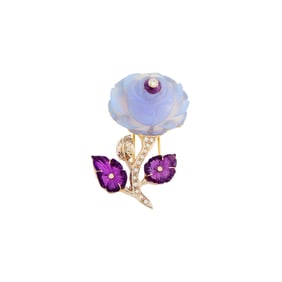 White Gold, Carved Blue Chalcedony and Amethyst and Diamond Rose Clip-Brooch