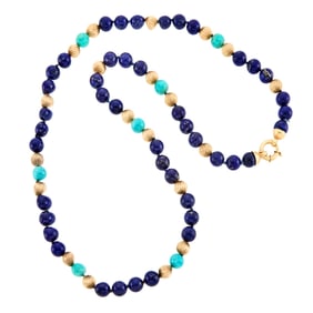 Gold, Lapis and Amazonite Bead Necklace
