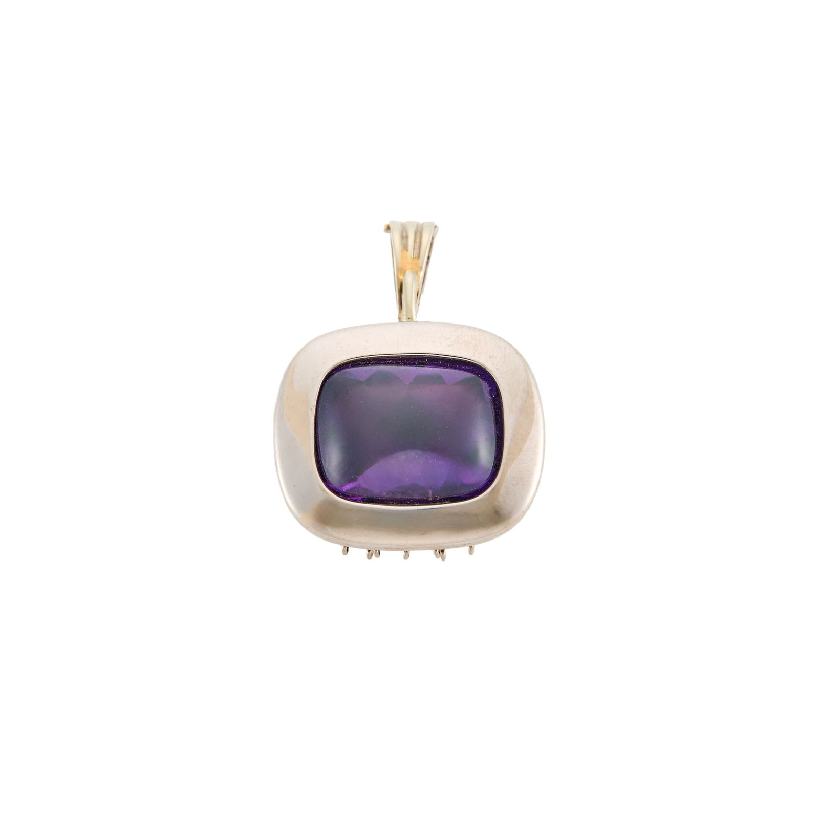 White Gold and Cabochon Amethyst Pendant Enhancer: 14 kt., one cushion-shaped cabochon amethyst ap. 21.9 x 17.1 mm., ap. 24 dwts. Amethyst: deep, medium dark purple, eye clean. Slightly loose.Additional jump rings soldered to base of pendant. 1 3/4