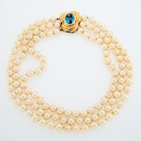 Triple Strand Imitation Pearl Necklace with Gold and Blue Topaz Clasp