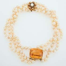 Triple Strand Cultured Pearl, Gold and Citrine Necklace with Gold, Cultured Pearl, Sapphire and