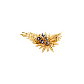 Gold, Diamond and Blue Enamel Flower Brooch