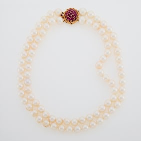 Double Strand Freshwater Pearl Necklace with Gold and Ruby Clasp