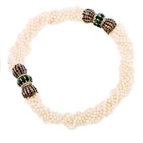 Gold, Eleven Strand Cultured Pearl, Cabochon Sapphire, Emerald and Diamond Necklace/Bracelet