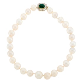 South Sea Cultured Pearl Necklace with White Gold, Cabochon Emerald and Diamond Clasp