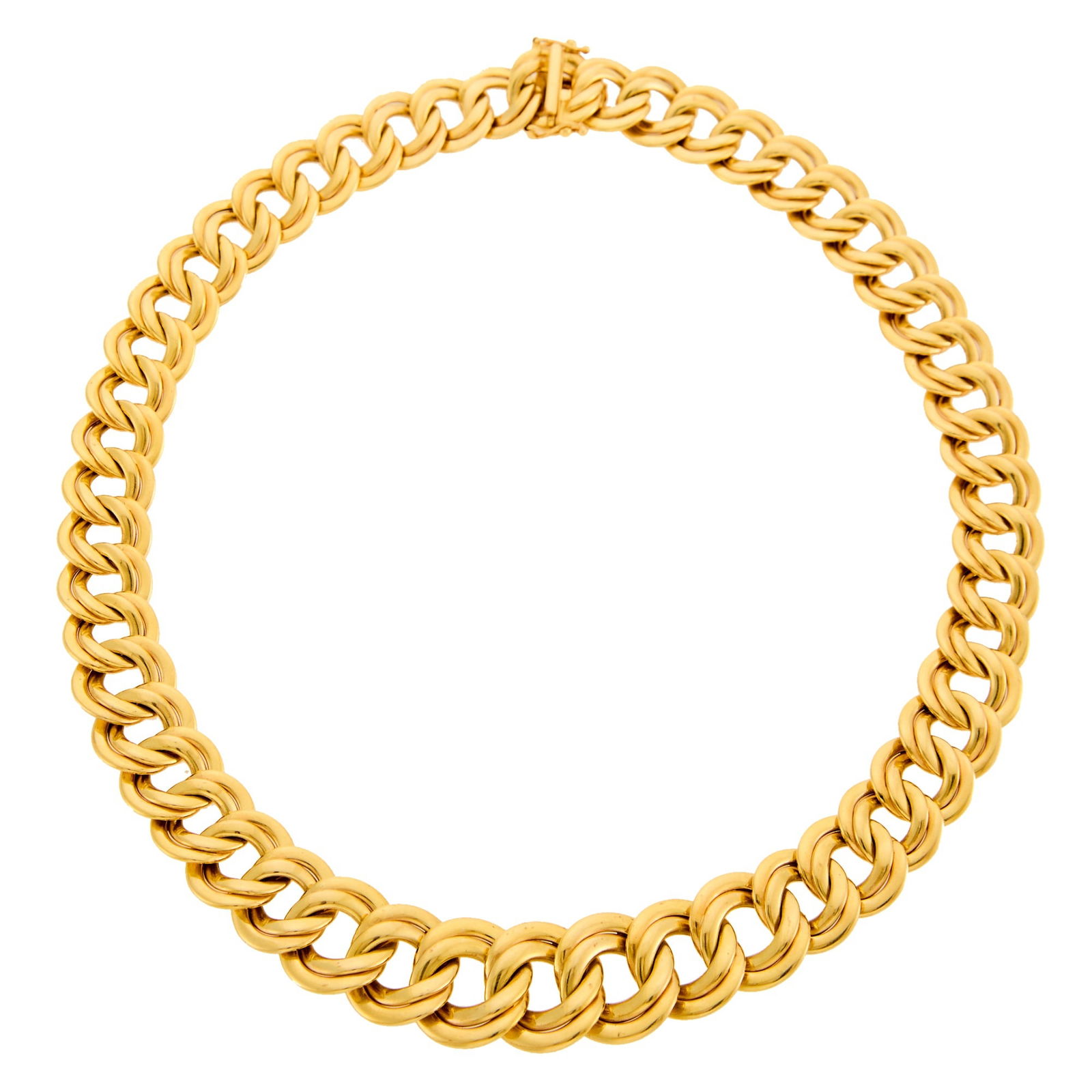 Gold Link Collar Necklace: 14 kt., ap. 23.5 dwts. Length 16 inches. Graduated width 1/2 to 3/4 inches.
