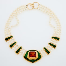 Leo De Vroomen Gold, Cultured Pearl, Citrine and Green Enamel Three Strand Necklace