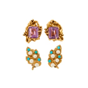 Pair of Gold and Amethyst Earclips and Gold, Cultured Pearl and Turquoise Leaf Earclips
