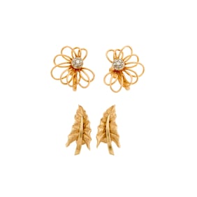 Pair of Gold and Diamond Earclips and Leaf Earclips