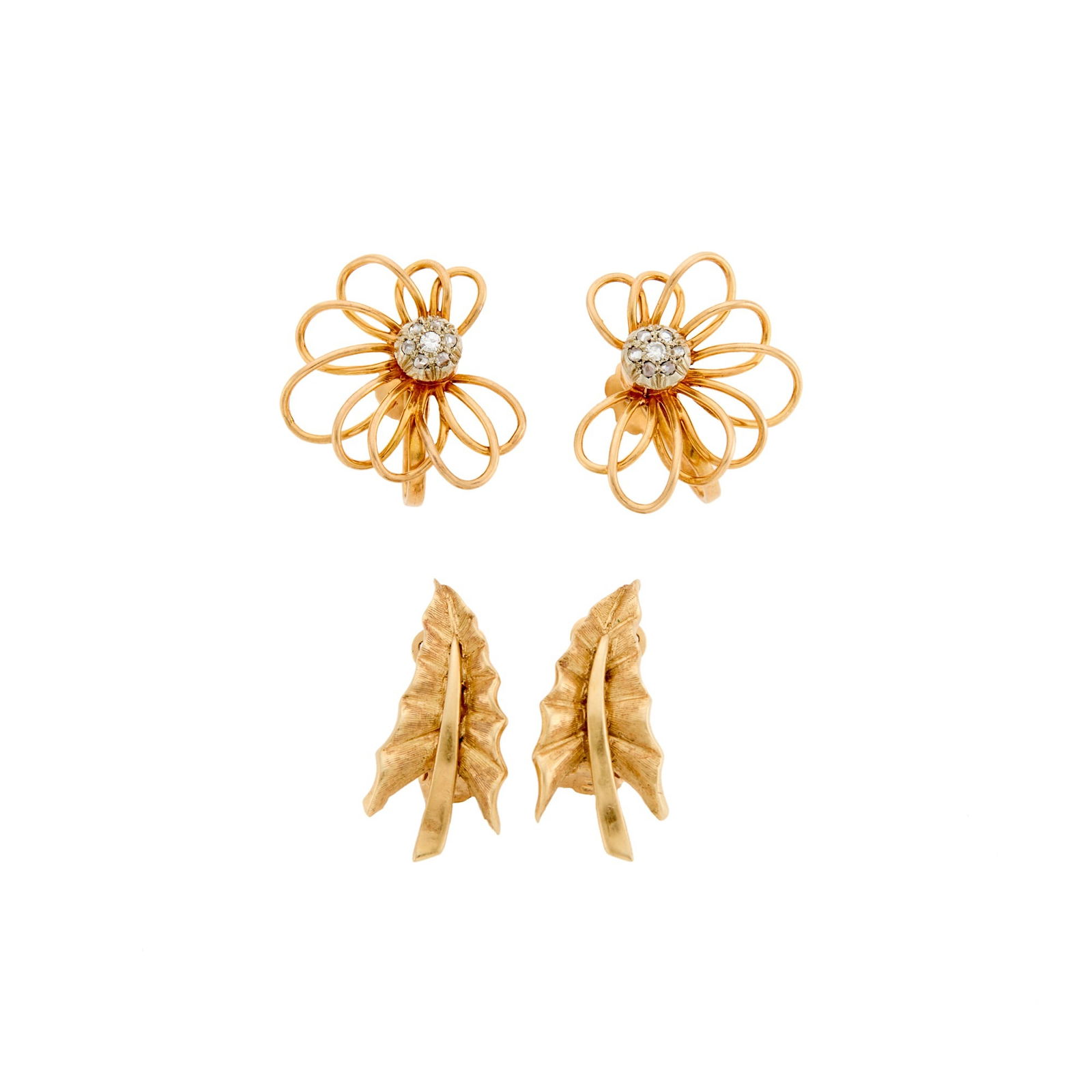 Pair of Gold and Diamond Earclips and Leaf Earclips (1 of 1)