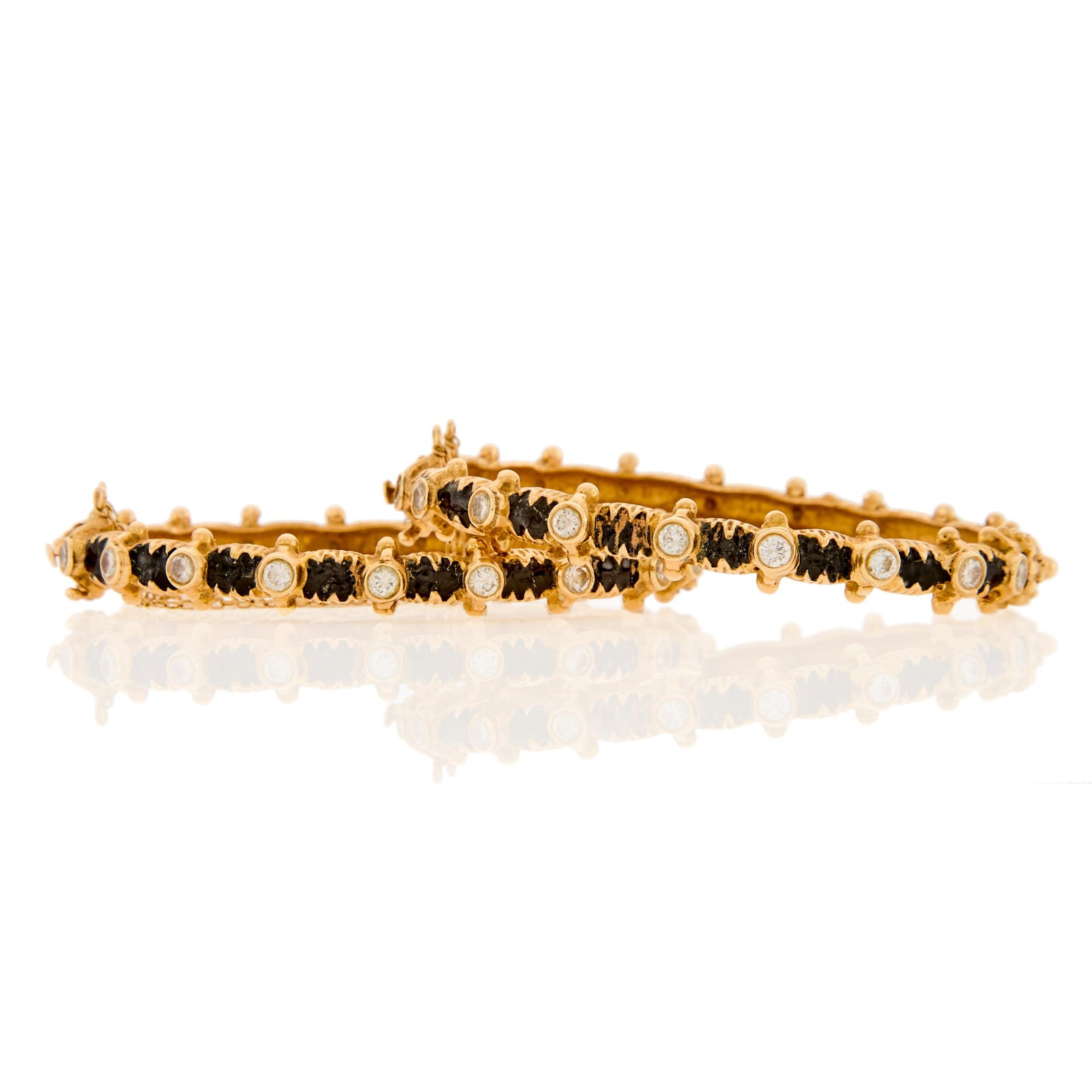 Pair of Gold, Black Enamel and Diamond Bangle Bracelets (1 of 1)