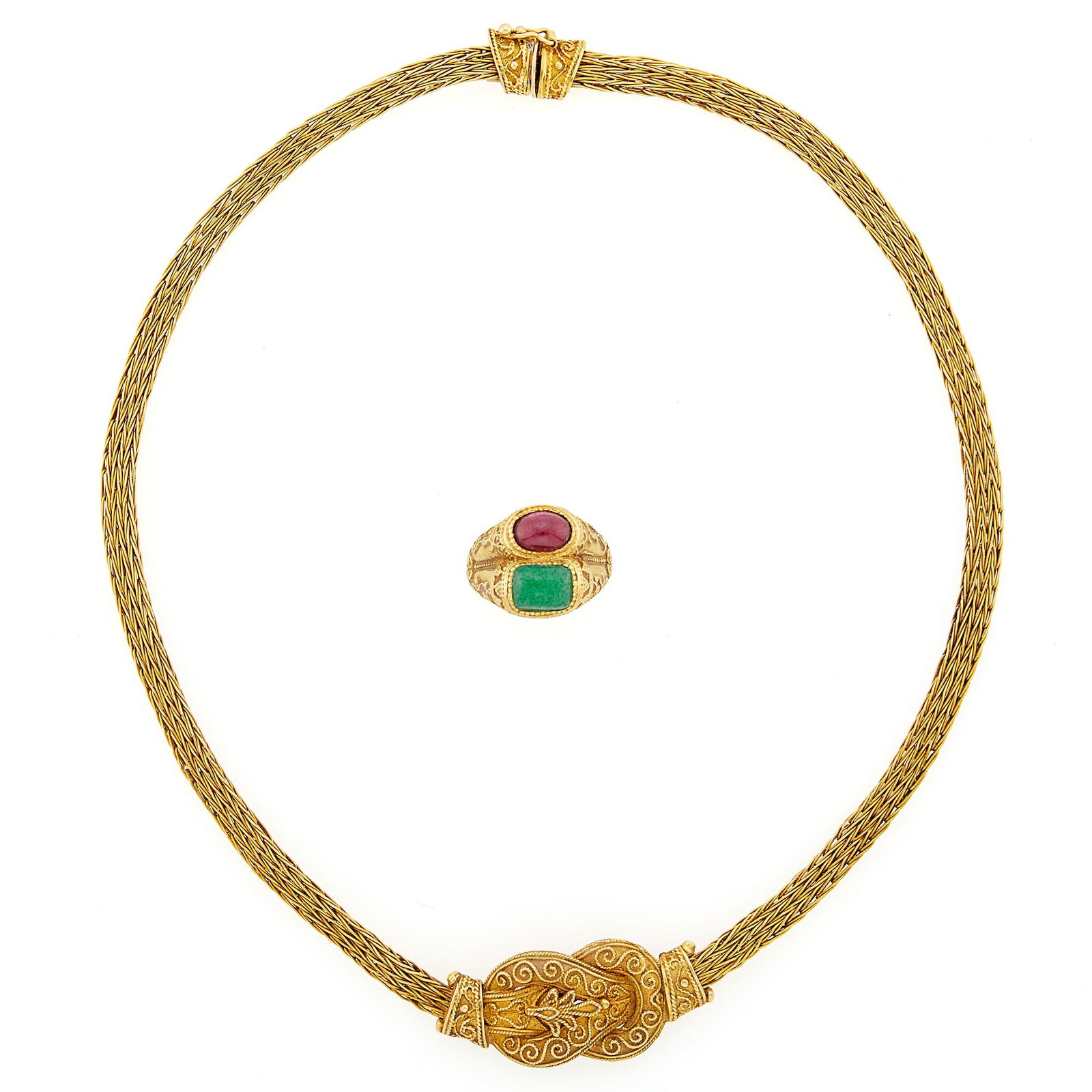 Woven Gold Necklace and Cabochon Pink Tourmaline and Aventurine Quartz Ring: 18 kt., one cabochon tourmaline ap. 1.50 cts., one rectangular cabochon aventurine quartz ap. 8.0 x 6.3 mm., with maker's marks, ap. 24.8 dwts. gross. Length 16 inches. Tourmaline: Deep reddish pink,