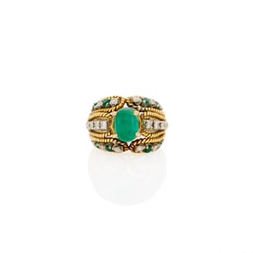 Two-Color Gold, Cabochon Emerald, Emerald and Diamond Ring