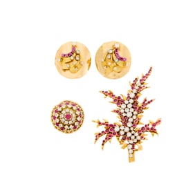 Two-Color Gold, Cabochon Ruby and Diamond Brooch, Pair of Ruby and Diamond Earrings and Ring
