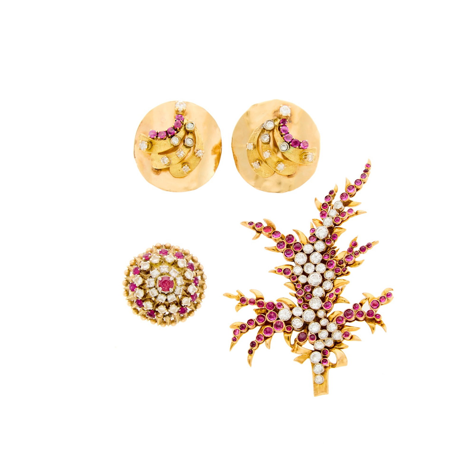 Two-Color Gold, Cabochon Ruby and Diamond Brooch, Pair of Ruby and Diamond Earrings and Ring (1 of 1)
