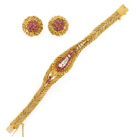 Gold, Ruby, and Diamond Bracelet and Pair of Earrings