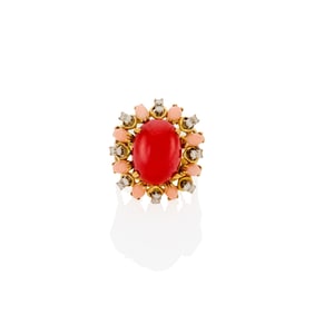 Two-Color Gold, Coral, Angel Skin Coral and Diamond Ring