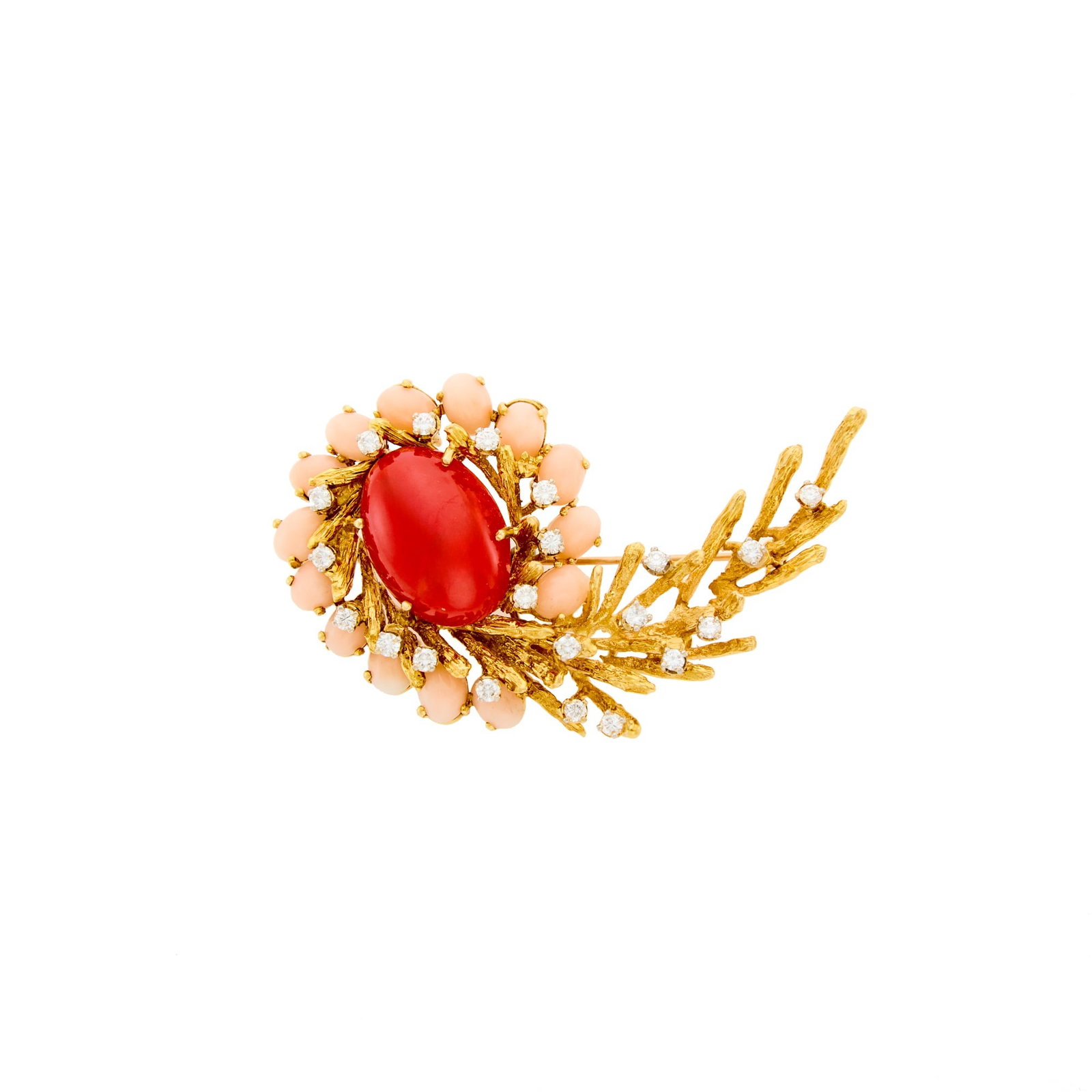 Gold, Coral, Angel Skin Coral and Diamond Brooch (1 of 1)