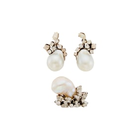 White Gold, Baroque Cultured Pearl and Diamond Ring and Pair of Earrings