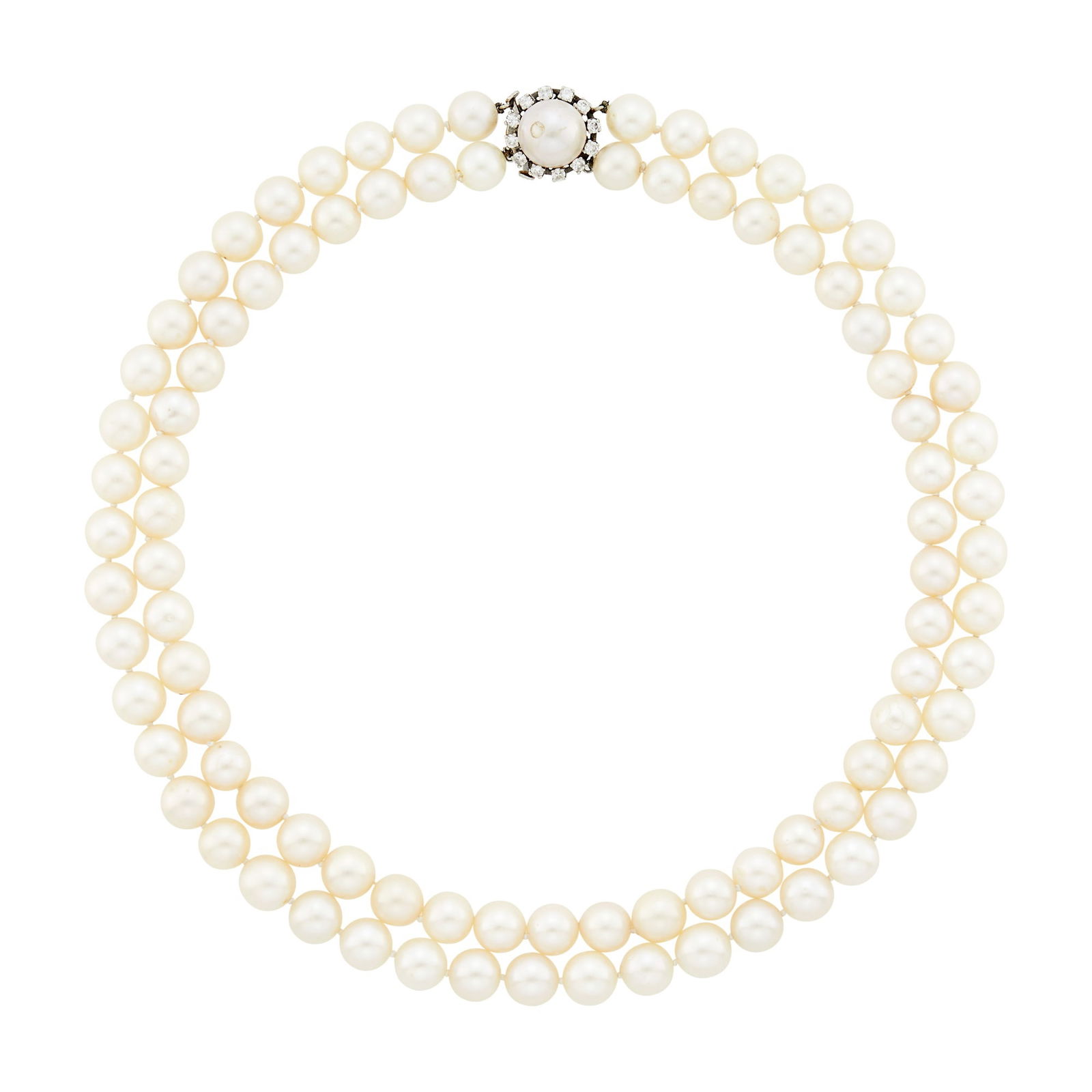 Double Strand Cultured Pearl Necklace with White Gold, Mabé Pearl and Diamond Clasp: 14 kt., two strands of pearls ap. 8.5 to 8.0 mm., one mabé pearl ap. 10.7 mm., 12 round diamonds ap. .55 cts., ap. 48.8 dwts. gross. Length 16 inches. Pearls: creamy white, faint pink undertones