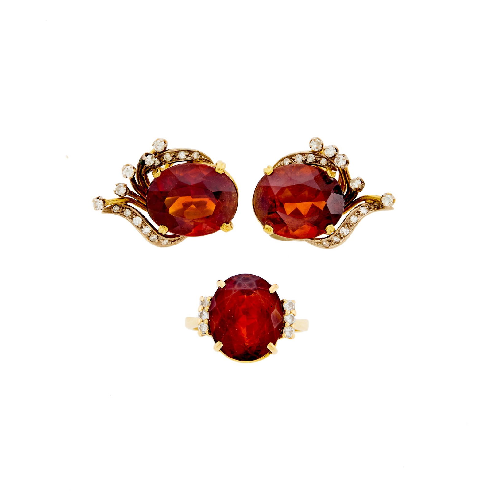 Pair of Two-Color Gold, Garnet and Diamond Earclips and Ring (1 of 1)