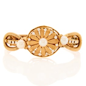 Gold, Cultured Pearl and Diamond Bangle Bracelet