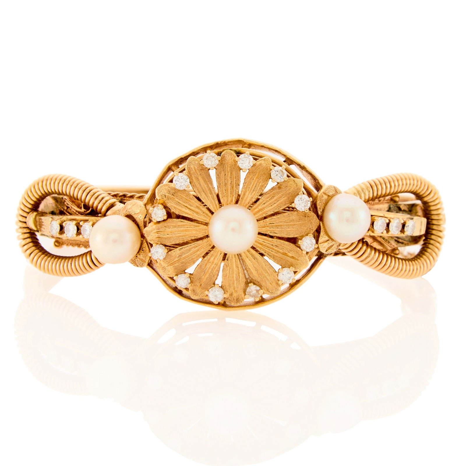 Gold, Cultured Pearl and Diamond Bangle Bracelet (1 of 1)