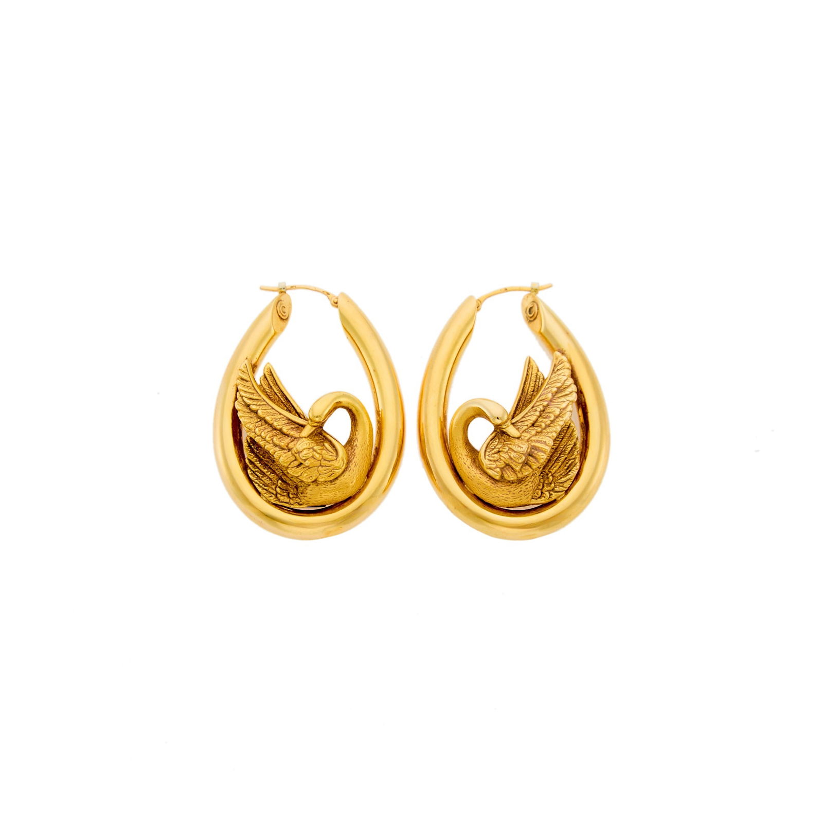 Pair of Gold Swan Hoop Earrings: Ap. 6.7 dwts. Tests as 14 kt. Posts. 1 5/8 x 1 3/16 inch.