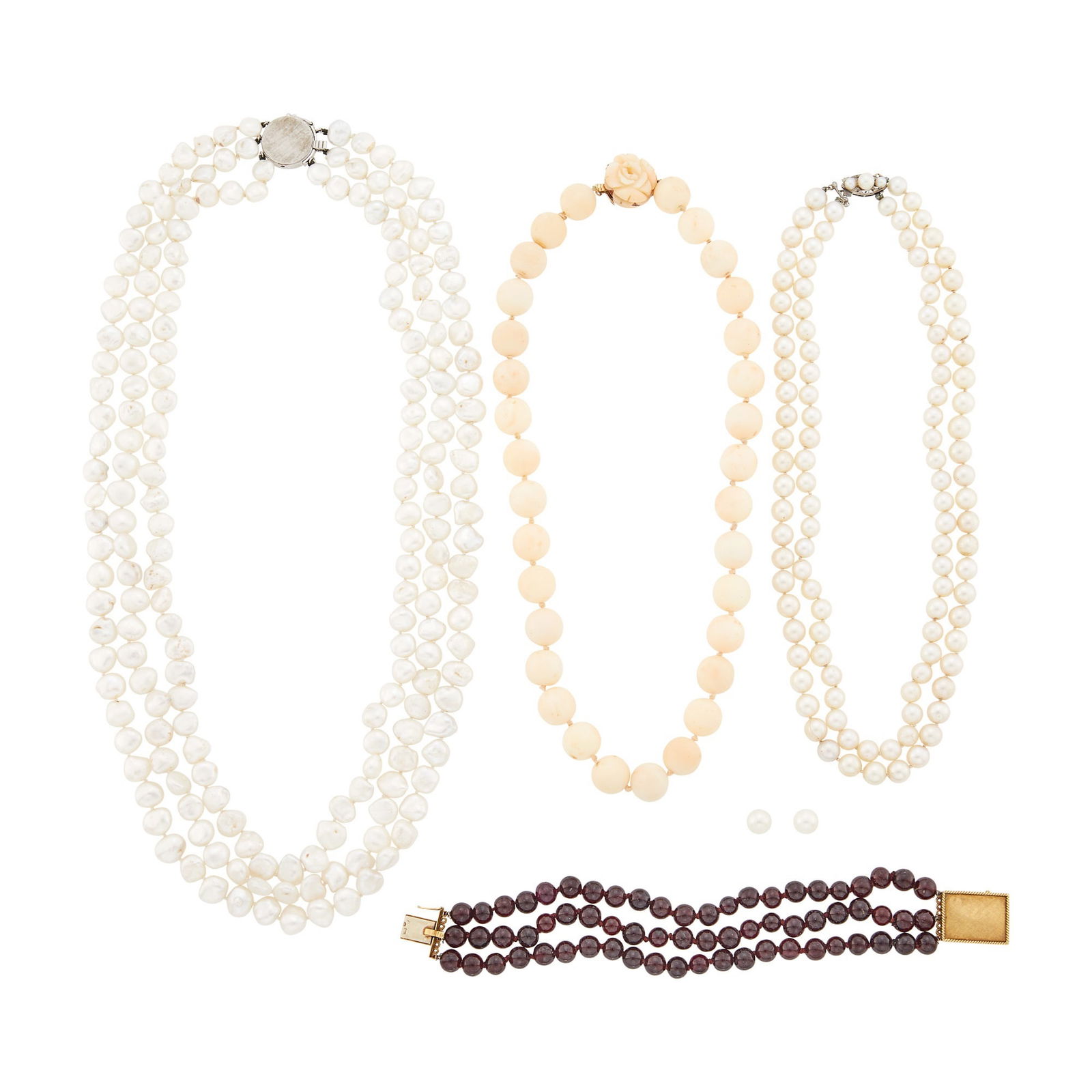 Group of Coral, Garnet Bead, Freshwater and Cultured Pearl Necklaces with White Gold and Gold Clasps (1 of 1)