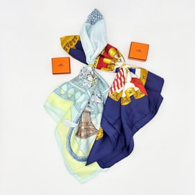 Two Hermes Scarves with Two Gold-Tone Scarf Rings