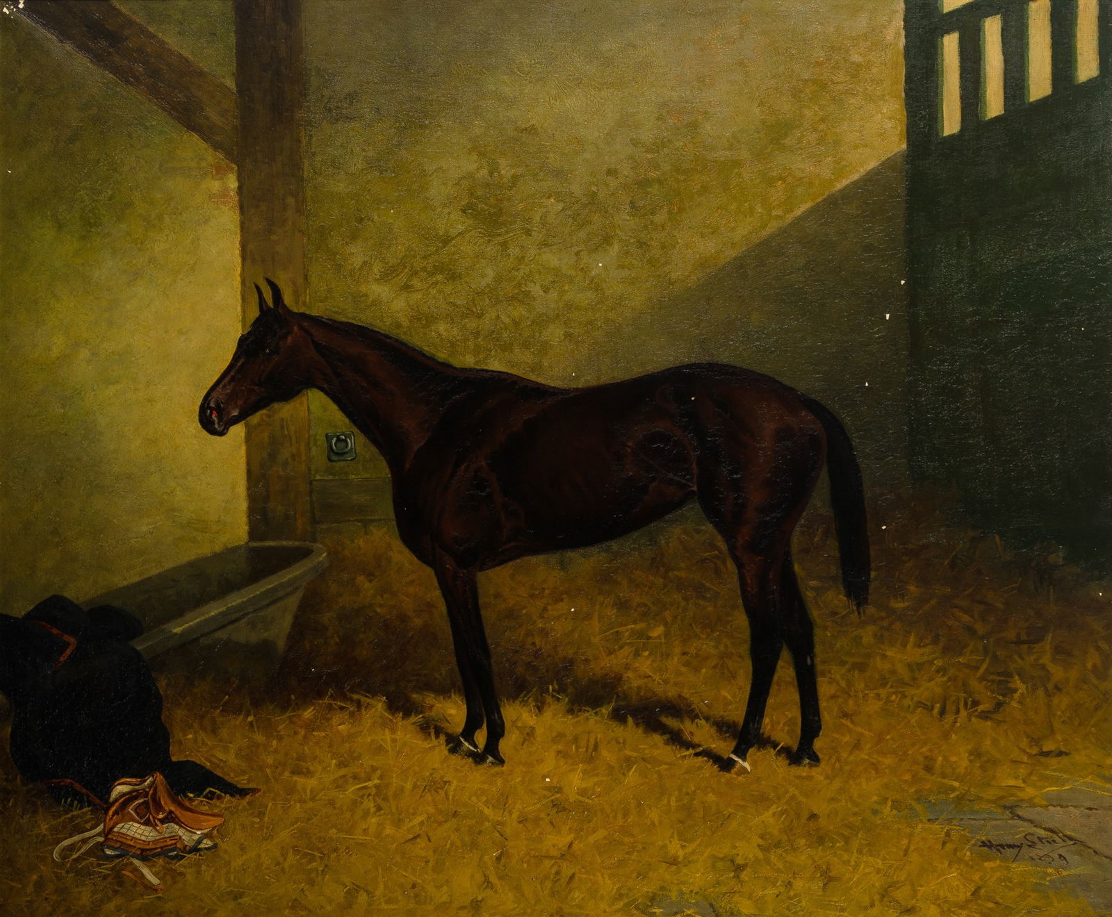 Henry Stull: American, 1851-1913 Admiration, 1899 Signed and dated Henry Stull/ 1899 (lr) Oil on canvas 25 x 30 inches (63.5 x 76.2 cm) (Framed 28 1/2 x 33 1/2 inches) Dirty, yellowed varnish; frame rubbing,