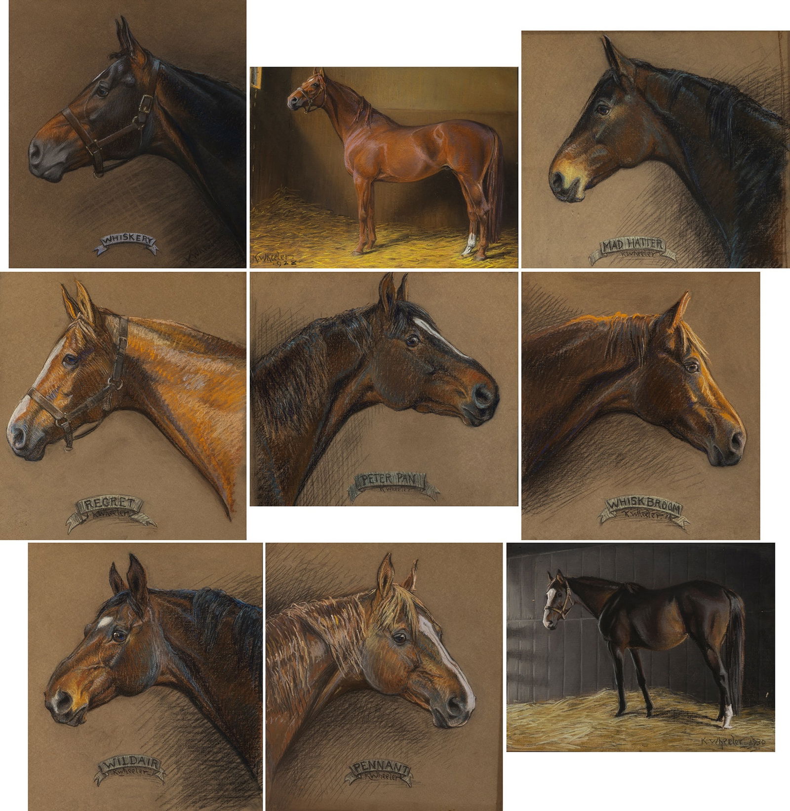 Kathleen Wheeler Crump: American, 1884-1977 Race Horse Portraits (Whiskery; Regret; Peter Pan; Whisk Broom; Mat Hatter; Wildair; Pennant; Prudery and Whisk Broom II): Nine Each signed K. Wheeler and inscribed with the name