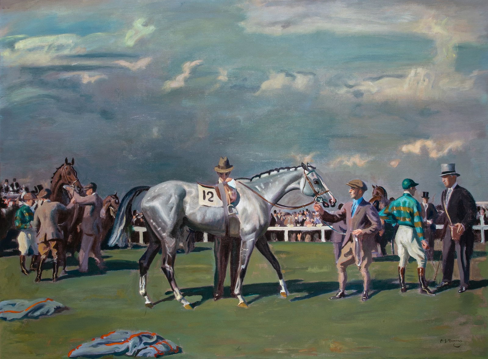 After Sir Alfred James Munnings: Mahmoud Being Saddled for the Derby Mixed media on canvas 38 1/2 x 51 3/8 inches (97.8 x 130.5 cm)Sir Sultan Mahomed Shah (also known as Aga Khan III) was a successful horse breeder who commissioned
